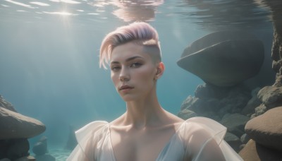 1girl,solo,looking at viewer,short hair,shirt,1boy,brown eyes,jewelry,collarbone,upper body,grey hair,male focus,multicolored hair,earrings,parted lips,water,two-tone hair,lips,see-through,piercing,sunlight,ear piercing,light rays,rock,underwater,realistic,nose,undercut,dress,closed mouth,pink hair,portrait,asymmetrical hair,very short hair