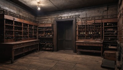 indoors,no humans,window,chair,table,box,scenery,wooden floor,stairs,door,light,lamp,ceiling,ceiling light,cabinet,chandelier,crate,tiles,wall,tile floor,brick wall