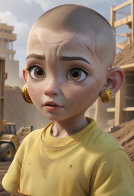 1girl,solo,looking at viewer,short hair,shirt,brown eyes,jewelry,upper body,short sleeves,earrings,outdoors,parted lips,sky,day,artist name,blurry,lips,ground vehicle,building,child,motor vehicle,freckles,yellow shirt,realistic,nose,female child,bald,1boy,male focus,teeth,cloud,eyelashes,aged down,t-shirt,genderswap,genderswap (mtf),dirty,dirty face,dirty clothes