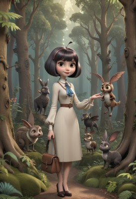 1girl,solo,looking at viewer,smile,short hair,bangs,black hair,long sleeves,dress,ribbon,holding,brown eyes,standing,full body,hairband,small breasts,outdoors,shoes,day,belt,blunt bangs,bag,black footwear,white dress,black eyes,high heels,tree,neck ribbon,bird,animal,leaf,bob cut,plant,nature,forest,rabbit,handbag,holding bag,mushroom,owl,child,antennae