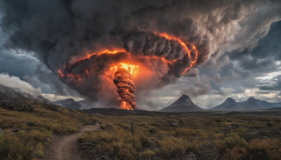 outdoors, sky, cloud, no humans, cloudy sky, fire, scenery, mountain, molten rock