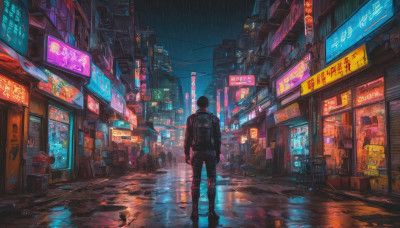 solo, black hair, 1boy, standing, male focus, outdoors, sky, bag, from behind, dutch angle, night, backpack, building, scenery, science fiction, rain, city, sign, road, dark, street, cyberpunk, neon lights