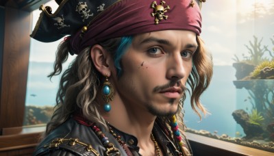 solo,long hair,looking at viewer,blue eyes,blonde hair,brown hair,1boy,hat,jewelry,closed mouth,braid,male focus,multicolored hair,earrings,outdoors,sky,day,artist name,cloud,necklace,mole,blurry,tree,lips,facial hair,portrait,beard,freckles,realistic,nose,bandana,mustache,watercraft,ship,pirate hat,pirate,blue hair,signature,ocean,sunlight