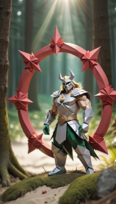 solo,long hair,blonde hair,gloves,1boy,standing,full body,male focus,boots,outdoors,horns,belt,pants,armor,blurry,tree,muscular,blurry background,sunlight,helmet,grass,muscular male,shoulder armor,gauntlets,nature,clenched hands,forest,pauldrons,breastplate,green pants,helm,horned helmet,dark skin,dark-skinned male,pectorals,bara,rock,fake horns,full armor