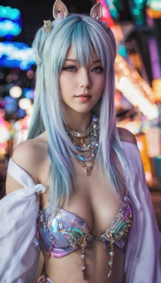 1girl,solo,long hair,breasts,looking at viewer,smile,bangs,blue eyes,large breasts,hair ornament,navel,animal ears,cleavage,bare shoulders,jewelry,medium breasts,blue hair,swimsuit,upper body,bikini,midriff,necklace,blurry,lips,grey eyes,depth of field,blurry background,piercing,horse ears,realistic,light blue hair,hair between eyes,closed mouth,underwear,grey hair,artist name,cat ears,bra