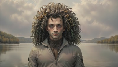 1girl,solo,long hair,looking at viewer,smile,blue eyes,shirt,black hair,1boy,closed mouth,jacket,upper body,male focus,outdoors,sky,cloud,dark skin,water,tree,lips,cloudy sky,zipper,reflection,curly hair,realistic,lake,afro,sunlight,nature,scenery,sunset,mountain,landscape,sunrise