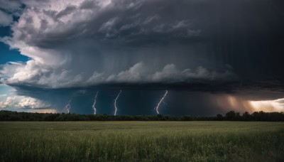 outdoors,sky,day,cloud,tree,no humans,sunlight,cloudy sky,grass,nature,scenery,forest,electricity,field,lightning,landscape,blue sky,mountain,horizon