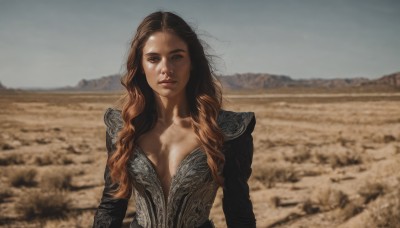 1girl,solo,long hair,breasts,looking at viewer,brown hair,long sleeves,cleavage,brown eyes,medium breasts,collarbone,upper body,multicolored hair,outdoors,parted lips,day,blurry,lips,bodysuit,depth of field,blurry background,wavy hair,curly hair,realistic,center opening,plunging neckline,dress,sky,sunlight,breasts apart,field,desert