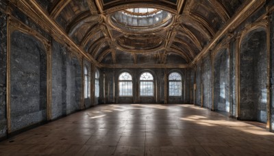 day,indoors,no humans,window,shadow,sunlight,scenery,reflection,light rays,wooden floor,door,architecture,sunbeam,pillar,hallway,church,arch,reflective floor,artist name,signature,fantasy,tiles,tile floor,floor,ceiling