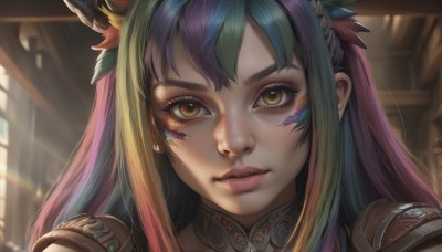 1girl,solo,long hair,looking at viewer,bangs,blonde hair,hair ornament,brown eyes,jewelry,closed mouth,blue hair,yellow eyes,pink hair,purple hair,flower,multicolored hair,earrings,green hair,indoors,hair flower,armor,blurry,two-tone hair,lips,eyelashes,gradient hair,makeup,blurry background,facial mark,sunlight,lipstick,portrait,close-up,freckles,realistic,nose,parted lips,artist name,streaked hair,tattoo,depth of field,feathers,shoulder armor,light rays,facepaint