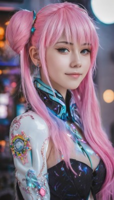 1girl,solo,long hair,breasts,looking at viewer,smile,bangs,cleavage,twintails,jewelry,medium breasts,closed mouth,upper body,pink hair,earrings,hair bun,blurry,black eyes,lips,double bun,makeup,blurry background,science fiction,realistic,nose,blue eyes,artist name,eyelashes,tattoo,gem