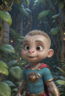 solo,looking at viewer,smile,open mouth,blonde hair,shirt,1boy,brown eyes,short sleeves,male focus,outdoors,teeth,belt,cape,blurry,tree,leaf,blue shirt,plant,child,nature,furry,forest,red cape,furry male,male child,buck teeth,realistic