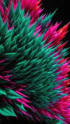 solo,simple background,no humans,leaf,black background,gem,crystal,still life,bird,spikes,pink theme,colorful