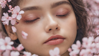 1girl, solo, brown hair, closed eyes, flower, parted lips, blurry, lips, eyelashes, depth of field, cherry blossoms, portrait, close-up, realistic, nose