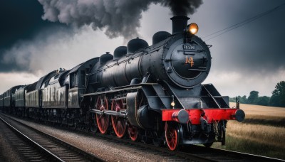 outdoors,sky,day,cloud,tree,military,no humans,cloudy sky,grass,ground vehicle,motor vehicle,smoke,cannon,military vehicle,road,tank,vehicle focus,caterpillar tracks,railroad tracks,weapon,machine gun