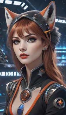 1girl,solo,long hair,breasts,looking at viewer,bangs,brown hair,animal ears,cleavage,brown eyes,jewelry,medium breasts,upper body,earrings,small breasts,parted lips,cat ears,blurry,lips,eyelashes,bodysuit,makeup,blurry background,fake animal ears,lipstick,zipper,freckles,realistic,nose,red lips,stud earrings,hair ornament,yellow eyes,artist name,signature,necklace,fox ears,thick eyebrows,badge