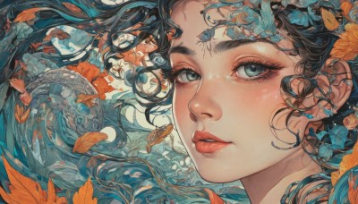 1girl,solo,long hair,looking at viewer,blue eyes,black hair,jewelry,flower,earrings,parted lips,lips,eyelashes,makeup,floating hair,leaf,plant,portrait,close-up,fish,orange flower,grey eyes,realistic,nose,red lips