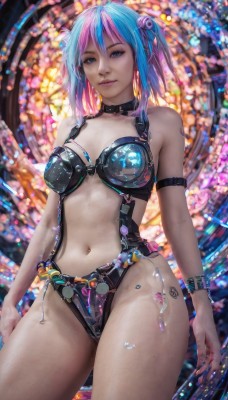 1girl,solo,breasts,looking at viewer,smile,short hair,bangs,blue eyes,hair ornament,navel,bare shoulders,twintails,jewelry,medium breasts,blue hair,standing,pink hair,thighs,multicolored hair,cowboy shot,choker,collar,two-tone hair,lips,streaked hair,revealing clothes,realistic,stained glass,hair between eyes,closed mouth,underwear,purple hair,belt,artist name,stomach,blurry,aqua eyes,watermark,web address,buckle,science fiction,contrapposto,arms at sides,cyberpunk