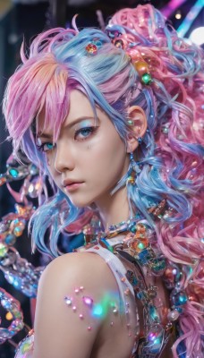 1girl,solo,long hair,looking at viewer,bangs,blue eyes,hair ornament,bare shoulders,jewelry,closed mouth,blue hair,upper body,ponytail,pink hair,multicolored hair,earrings,sleeveless,looking back,artist name,necklace,mole,blurry,two-tone hair,lips,eyelashes,gradient hair,makeup,depth of field,wavy hair,piercing,tank top,lipstick,gem,eyeshadow,freckles,beads,crystal,realistic,nose,eyeliner,mascara,hair between eyes,from behind,star (symbol),bracelet,watermark,ear piercing,portrait,web address,pink lips,bokeh,hair beads,pearl (gemstone)