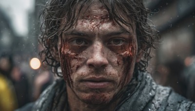 solo,looking at viewer,short hair,brown hair,black hair,1boy,brown eyes,closed mouth,male focus,solo focus,blurry,lips,wet,blood,depth of field,blurry background,facial hair,scar,messy hair,portrait,blood on face,realistic,dirty,dirty face,outdoors,scarf,stubble