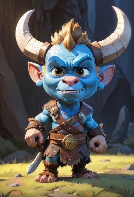 solo,looking at viewer,smile,blonde hair,brown hair,1boy,brown eyes,standing,full body,yellow eyes,weapon,male focus,multicolored hair,outdoors,horns,teeth,pointy ears,belt,artist name,chibi,blurry,blurry background,colored skin,facial hair,fangs,thick eyebrows,grass,knife,furry,clenched hands,blue skin,furry male,hooves,yordle,holding,jewelry,earrings,barefoot,two-tone hair,muscular,rock,realistic,dagger,mohawk,tusks