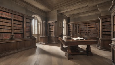 day,indoors,book,no humans,window,shadow,chair,table,sunlight,scenery,desk,wooden floor,bookshelf,book stack,library,open book,door,lamp,candlestand