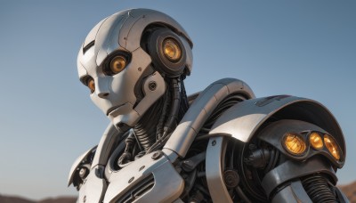 solo,1boy,upper body,male focus,outdoors,sky,day,blue sky,orange eyes,no humans,robot,portrait,mecha,1other,science fiction,android,cable,looking ahead,humanoid robot,1girl,looking at viewer,armor,blurry,from side,blurry background,looking down,power armor