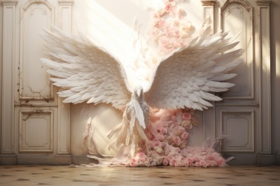 PREMIUM,solo,long hair,1boy,standing,flower,white hair,wings,indoors,no humans,window,rose,halo,sunlight,feathered wings,pink flower,angel wings,light rays,wooden floor,door,white wings,angel,light,sunbeam,pink rose,pillar,statue,multiple wings,1girl,breasts,dress,very long hair,closed eyes,nude,barefoot,large wings