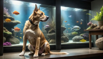 HQ,indoors,water,collar,no humans,animal,table,sunlight,plant,scenery,reflection,fish,bowl,dog,light rays,underwater,realistic,potted plant,animal focus,turtle,coral,aquarium,solo