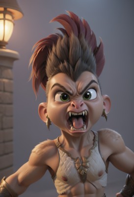 solo,looking at viewer,open mouth,brown hair,1boy,jewelry,nipples,green eyes,upper body,male focus,red hair,multicolored hair,earrings,teeth,tongue,blurry,muscular,fangs,abs,pectorals,angry,bracer,male child,bare shoulders,artist name,feathers,spiked hair,child,hands on hips