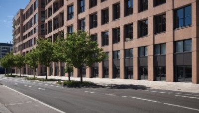 outdoors,sky,day,cloud,tree,blue sky,no humans,window,shadow,watermark,grass,building,scenery,city,road,bush,cityscape,street,school