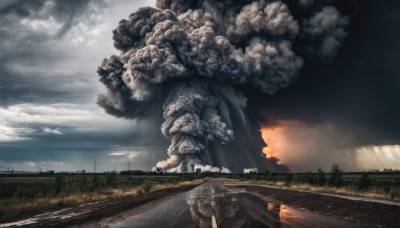 outdoors,sky,day,cloud,water,tree,no humans,cloudy sky,grass,fire,ground vehicle,building,scenery,smoke,monster,road,bridge,power lines,railroad tracks,realistic