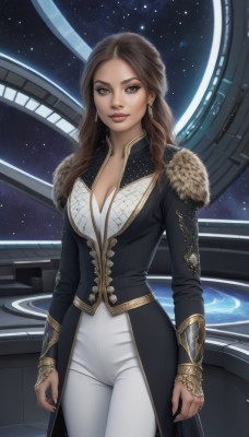 1girl,solo,long hair,breasts,looking at viewer,smile,brown hair,long sleeves,cleavage,brown eyes,jewelry,medium breasts,standing,cowboy shot,earrings,pants,nail polish,lips,coat,fur trim,makeup,ring,star (sky),black nails,science fiction,realistic,white pants,nose,space,large breasts,jacket,braid,dark skin,starry sky