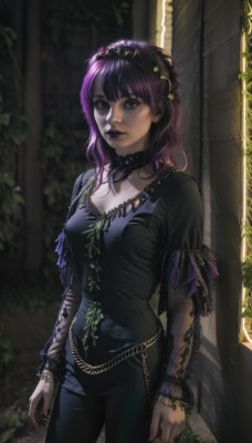 1girl,solo,long hair,breasts,looking at viewer,bangs,shirt,hair ornament,long sleeves,dress,cleavage,brown eyes,jewelry,medium breasts,closed mouth,standing,purple hair,cowboy shot,outdoors,choker,pants,medium hair,necklace,nail polish,blurry,black eyes,lips,black shirt,makeup,black pants,sunlight,ring,tiara,plant,lipstick,black nails,realistic,nose,arms at sides,vines,gothic,hairband,black lips