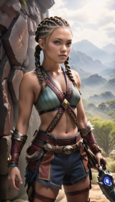 1girl,solo,long hair,breasts,looking at viewer,brown hair,black hair,navel,holding,cleavage,bare shoulders,brown eyes,medium breasts,closed mouth,green eyes,standing,weapon,braid,cowboy shot,small breasts,outdoors,shorts,day,midriff,belt,sword,dark skin,holding weapon,twin braids,dark-skinned female,lips,short shorts,thigh strap,forehead,freckles,blue shorts,toned,mountain,realistic,nose,bracer,dirty,dreadlocks,multiple braids,jewelry,collarbone,multicolored hair,earrings,sky,artist name,cloud,signature,necklace,stomach,mole,two-tone hair,tree,makeup,facial mark,holding sword,piercing,sunlight,mole under mouth,backlighting,navel piercing,sunrise,mole on stomach,mole on body