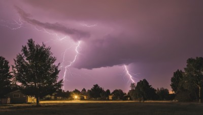 outdoors,sky,cloud,tree,no humans,window,cloudy sky,grass,building,nature,scenery,sunset,fence,electricity,road,bush,house,lightning,path,purple sky,forest