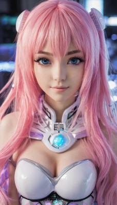 1girl,solo,long hair,breasts,looking at viewer,smile,bangs,blue eyes,hair ornament,cleavage,hair between eyes,bare shoulders,medium breasts,closed mouth,upper body,pink hair,blurry,lips,eyelashes,makeup,blurry background,gem,realistic,nose,large breasts,mole,headgear,cleavage cutout