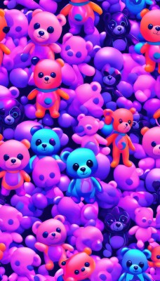 looking at viewer,smile,open mouth,closed mouth,artist name,black eyes,no humans,:3,stuffed toy,stuffed animal,teddy bear,solid circle eyes,bear,too many,heart,odd one out