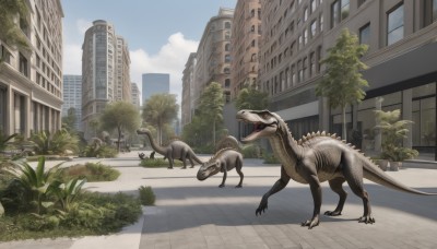 open mouth,red eyes,tail,outdoors,sky,teeth,day,cloud,tree,blue sky,no humans,window,plant,sharp teeth,building,scenery,motor vehicle,claws,monster,city,car,road,bush,street,skyscraper,dinosaur,crosswalk,kaijuu,shadow,realistic