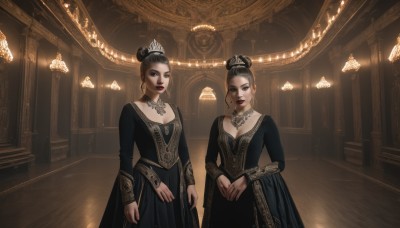 breasts,looking at viewer,multiple girls,black hair,long sleeves,dress,2girls,cleavage,jewelry,standing,earrings,indoors,necklace,hair bun,black eyes,black dress,makeup,siblings,single hair bun,own hands together,tiara,lipstick,sisters,gold trim,red lips,updo,chandelier,brown hair,hair ornament,medium breasts,realistic