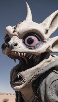 solo,open mouth,upper body,outdoors,horns,sky,teeth,day,pink eyes,blurry,vest,blue sky,no humans,blurry background,fangs,sharp teeth,portrait,1other,colored sclera,skull,monster,realistic,extra eyes,alien,desert,looking at viewer,jewelry,purple eyes,jacket,necklace,skull necklace