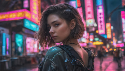 1girl, solo, looking at viewer, short hair, blue eyes, black hair, jewelry, jacket, upper body, earrings, outdoors, solo focus, looking back, necklace, from behind, blurry, lips, night, depth of field, blurry background, realistic, nose, cyberpunk, neon lights