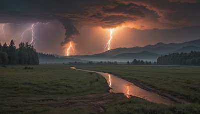 outdoors,sky,cloud,water,tree,no humans,cloudy sky,grass,fire,nature,scenery,forest,smoke,sunset,mountain,electricity,road,river,lightning,landscape,hill