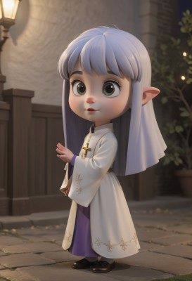 1girl,solo,long hair,looking at viewer,bangs,long sleeves,dress,jewelry,green eyes,standing,full body,grey hair,outdoors,parted lips,shoes,pointy ears,wide sleeves,necklace,black footwear,white dress,blurry,grey eyes,depth of field,blurry background,cross,child,veil,female child,cross necklace,lamppost,blush,blue hair,artist name,chibi,lips,watermark,plant,robe