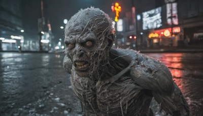 solo,looking at viewer,open mouth,1boy,upper body,male focus,outdoors,teeth,blurry,no humans,night,depth of field,blurry background,sharp teeth,building,science fiction,monster,city,realistic,road,street,alien,horror (theme),cyberpunk,kaijuu,wet,colored skin,rain,veins