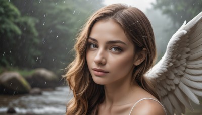 1girl,solo,long hair,looking at viewer,brown hair,hair ornament,bare shoulders,brown eyes,closed mouth,collarbone,outdoors,wings,hairclip,water,blurry,tree,lips,depth of field,blurry background,portrait,feathered wings,rain,angel wings,rock,realistic,nose,white wings,angel,close-up