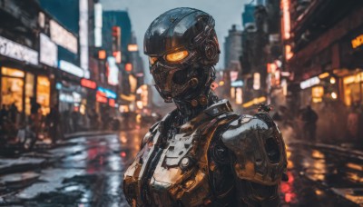 solo,1boy,upper body,male focus,outdoors,armor,blurry,orange eyes,blurry background,glowing,helmet,robot,building,glowing eyes,1other,science fiction,city,police,power armor,cyberpunk,humanoid robot,from side,no humans,night,ground vehicle,mecha,motor vehicle,car,road,cityscape