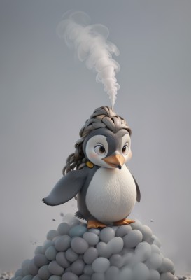 solo,blush,simple background,brown eyes,closed mouth,standing,full body,grey background,no humans,bird,animal,steam,smoke,animal focus,penguin,fog,beak,open mouth,artist name,duck