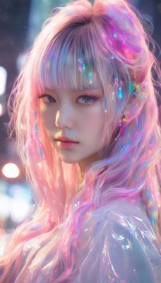 1girl,solo,long hair,looking at viewer,bangs,jewelry,upper body,pink hair,earrings,parted lips,blunt bangs,blurry,black eyes,from side,lips,eyelashes,makeup,depth of field,blurry background,lipstick,portrait,light particles,realistic,nose,red lips,closed mouth,artist name,grey eyes,watermark,lens flare,pink lips,bokeh