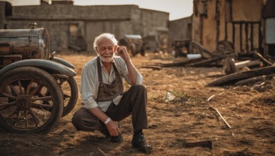 solo,looking at viewer,smile,short hair,blonde hair,shirt,1boy,sitting,full body,white shirt,weapon,white hair,male focus,boots,outdoors,shoes,glasses,collared shirt,pants,black footwear,blurry,vest,blurry background,facial hair,black pants,sunglasses,ground vehicle,motor vehicle,beard,sleeves rolled up,watch,realistic,adjusting eyewear,wristwatch,brown pants,old,motorcycle,old man,photo background,open mouth,hand up,apron,scar,crying,scar on face,scar across eye,bicycle,wheel,old woman